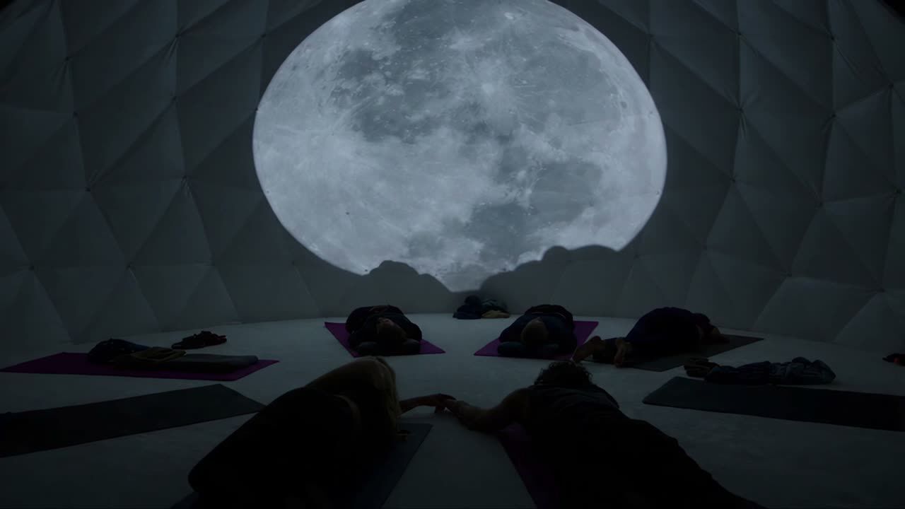 A still from the trailer: a huge moon projected inside a dome, people lying on mats beneath it.
